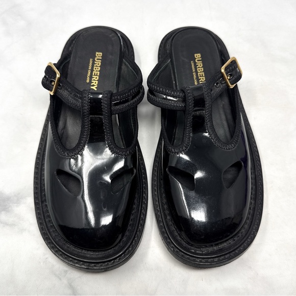 Burberry Shoes - Burberry Alannis T-Bar Mary Jane Patent Leather Slide Mule Clog Shoes Black 36